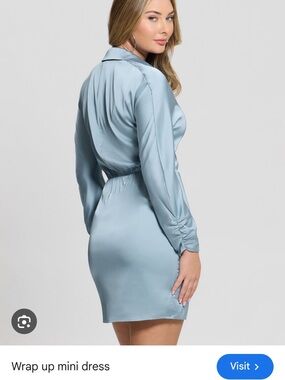 NWTGuess Slate Blue Satin Wrap-Style Long Sleeve Dress
